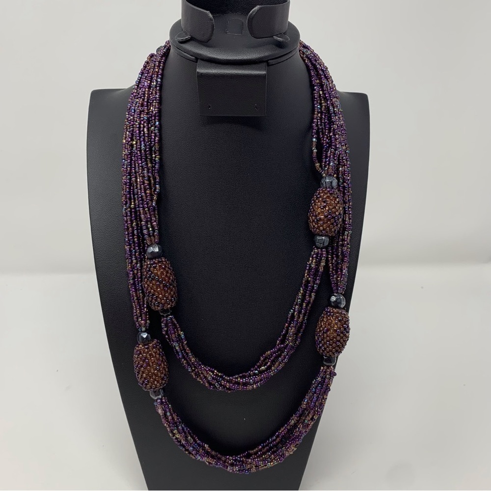 Vintage Purple Seed Beaded Pineapple Inspired Long Layered Chunky Necklace 21"